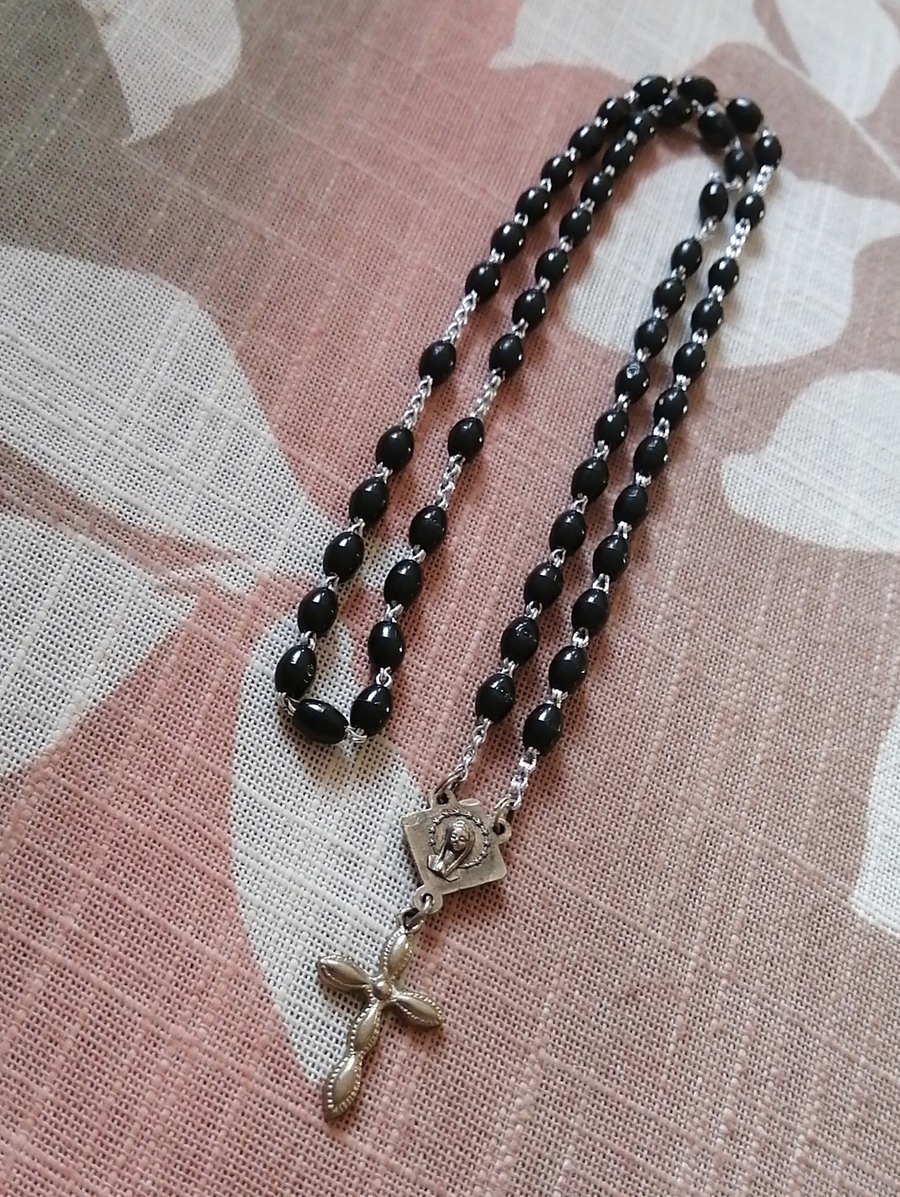 Knights Of Columbus Italian Make Black Bead Vintage Cross Rosary Necklace